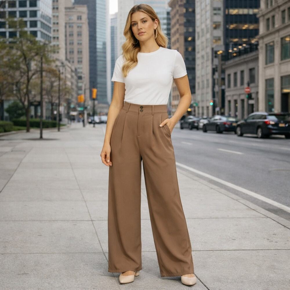 Halara Wide Leg Trousers Womens XS Tan Pleated Pull On Pockets Comfort Wear